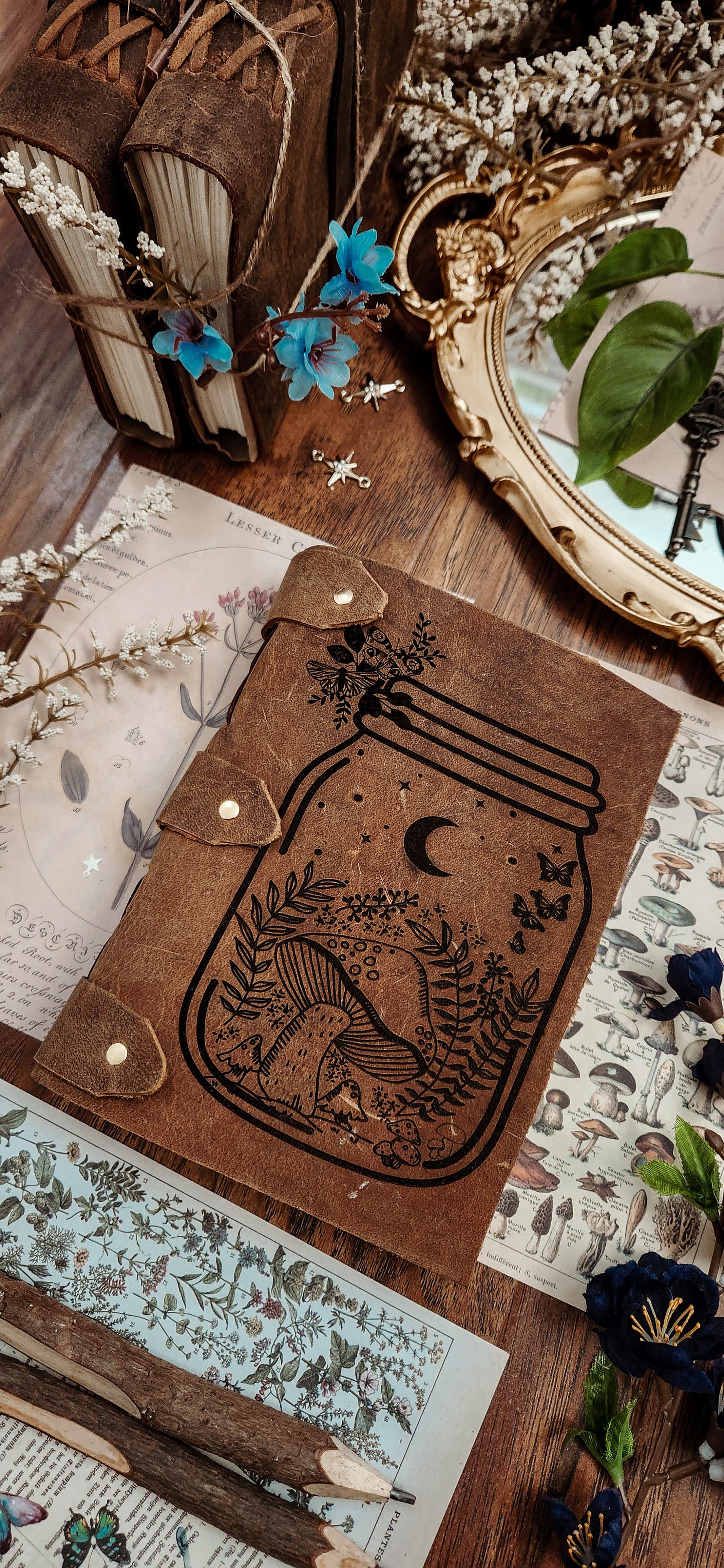 Mushroom bottle leather journal & sketchbook