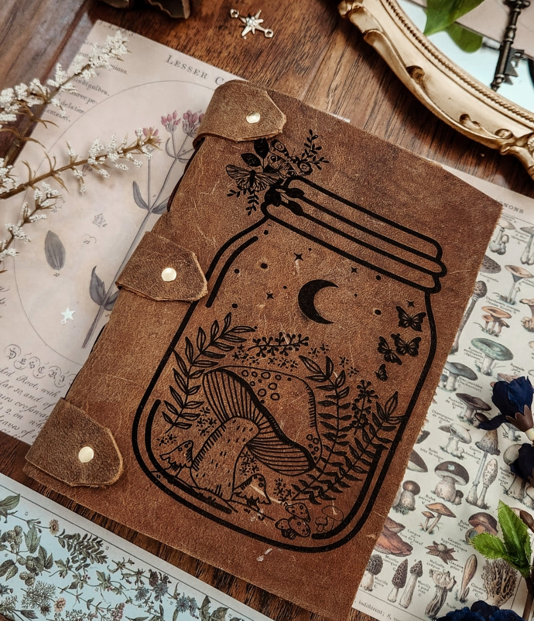Mushroom bottle leather journal & sketchbook