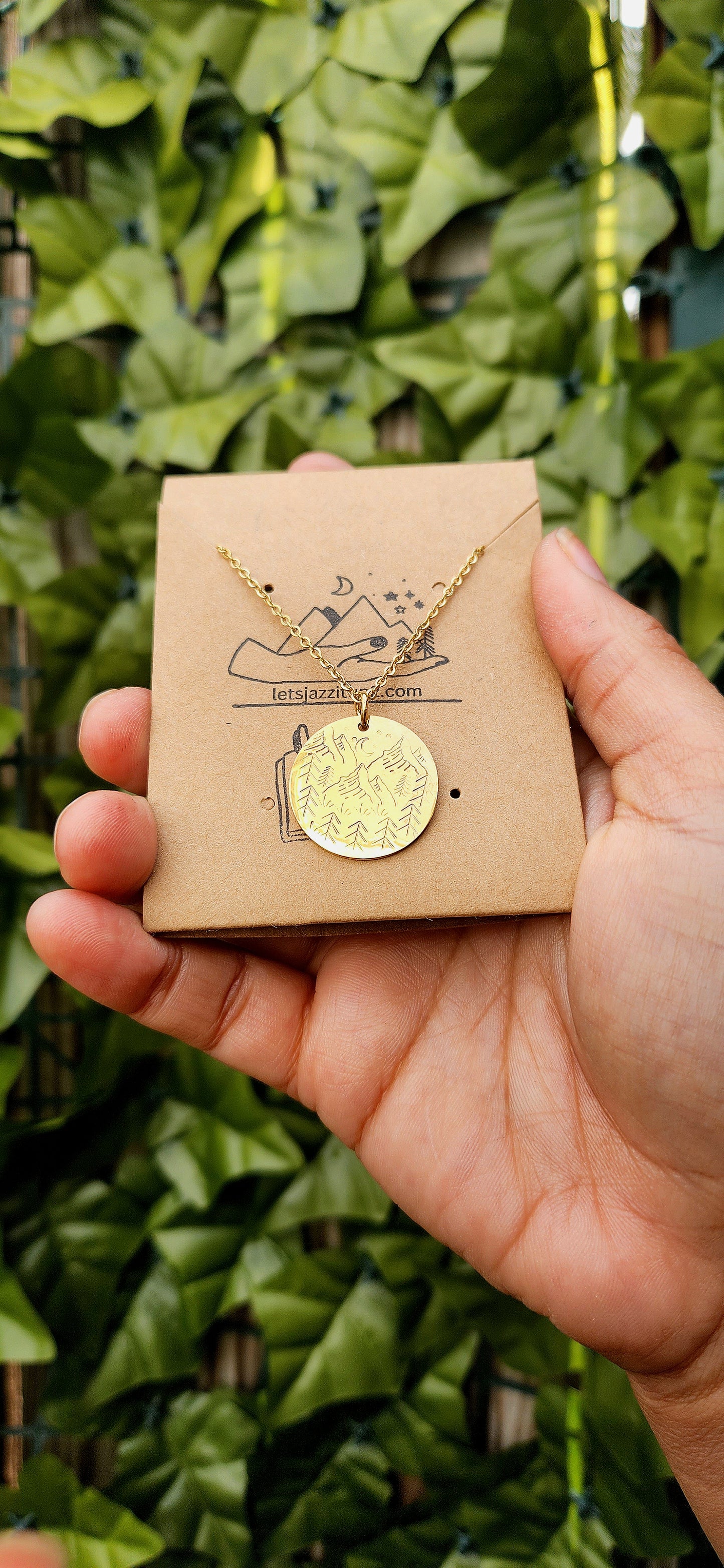 Hand stamped mountains round necklace