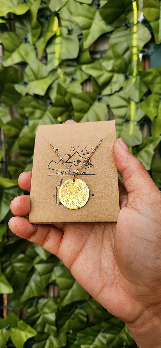 Hand stamped mountains round necklace