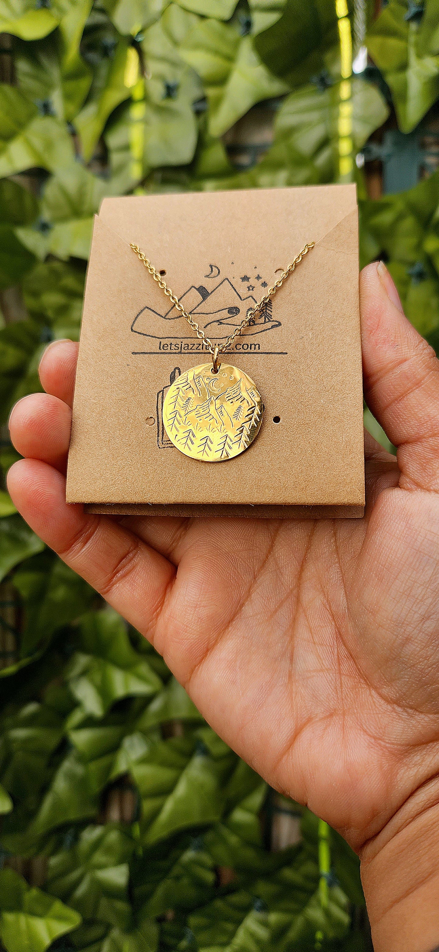 Hand stamped mountains round necklace