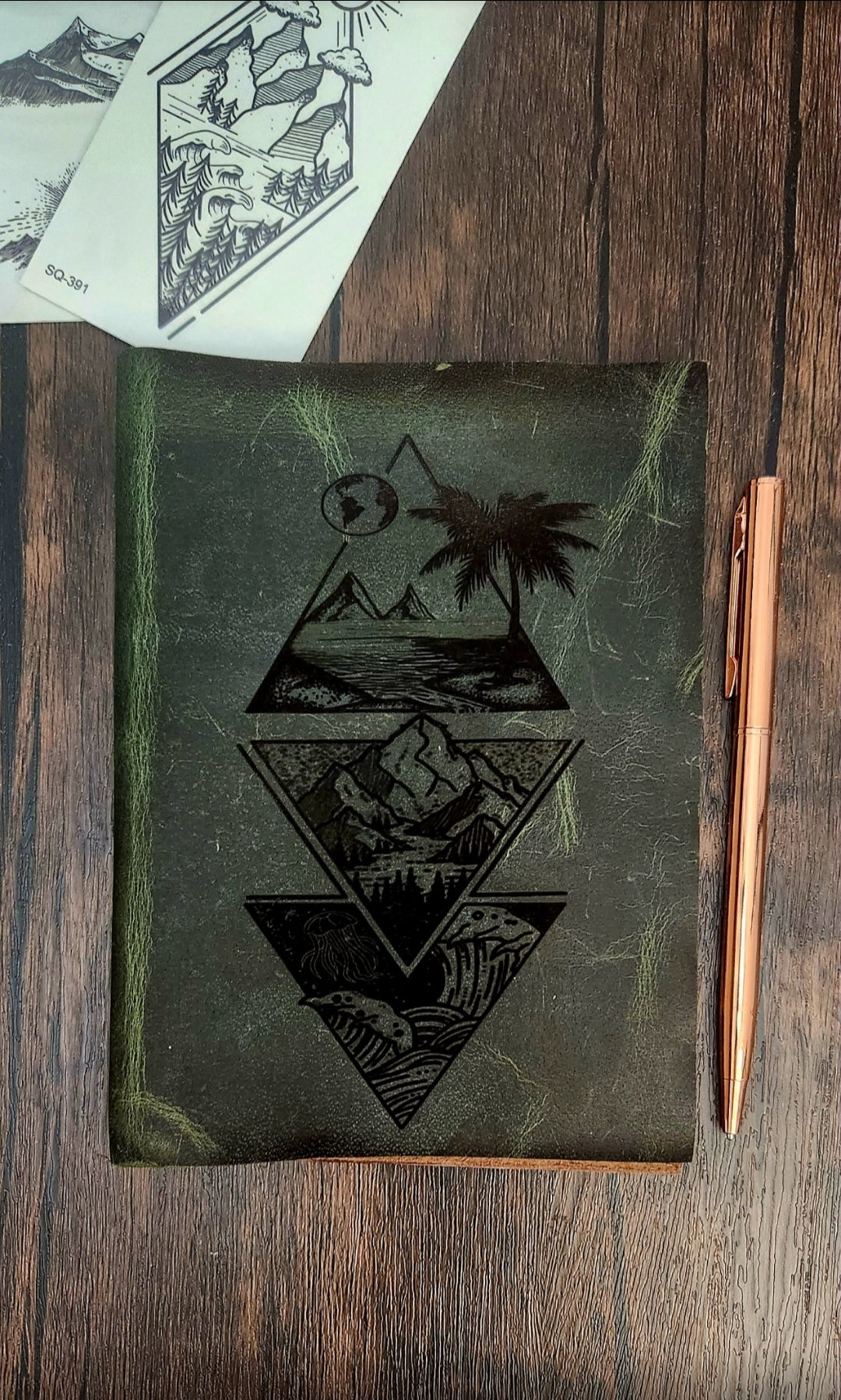 Custom green leather journal & Sketchbook